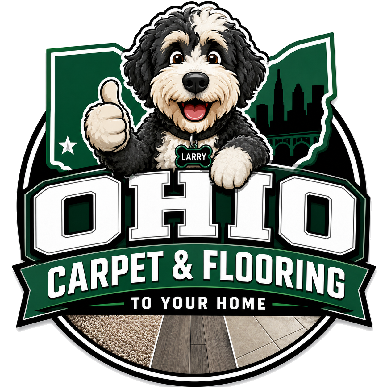 Ohio Carpet and Flooring logo featuring Larry the Bernedoodle mascot